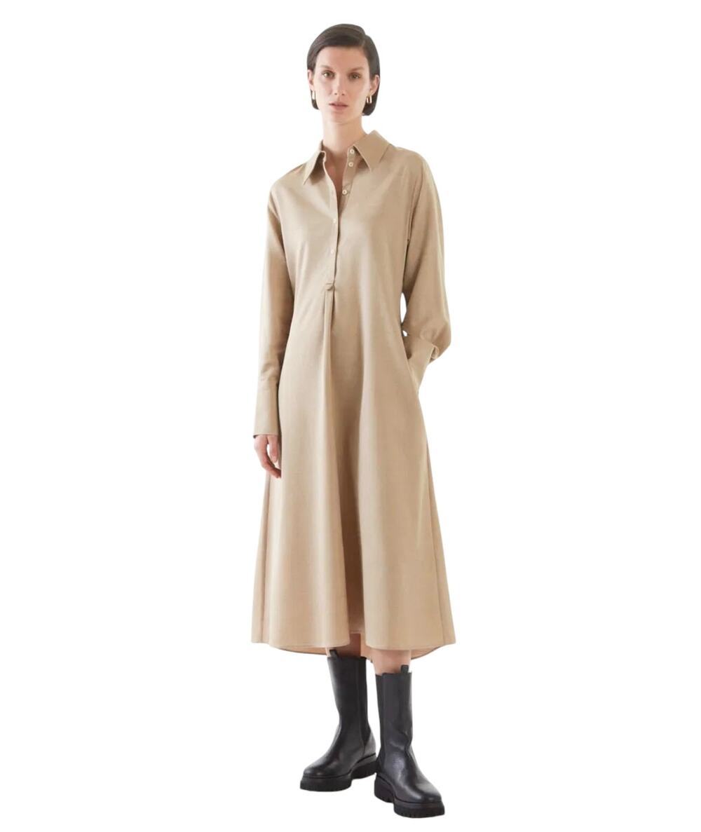 COS Beige Wool Blend Oversized Collar Long Sleeve Midi Shirt Dress Size 8